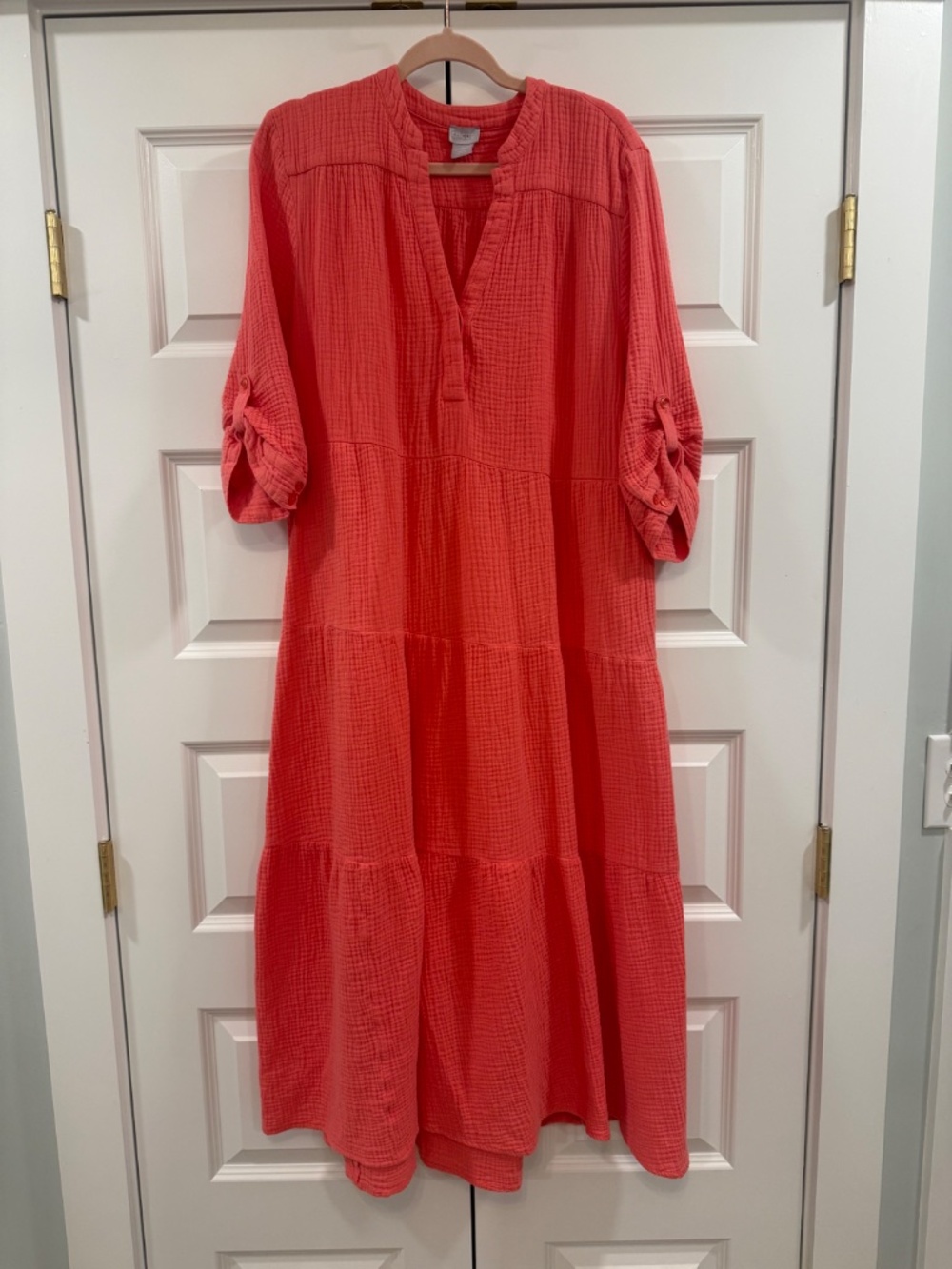 Chico's Cotton Gauze Tiered Dress in Coral 16/18 - Picture 2 of 10